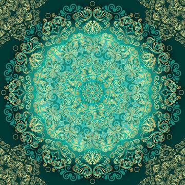 Vector vintage green gradient frame with lace golden mandala, seamless pattern