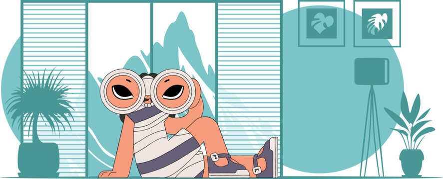 Good for job postings and flyers. Attractive woman holding binoculars in her hands.