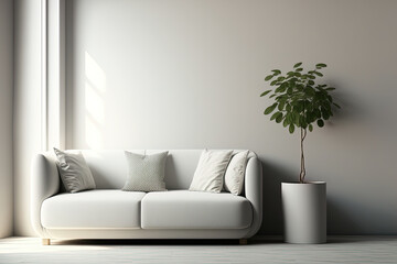White sofa with light and wall in background in empty room. Generative AI