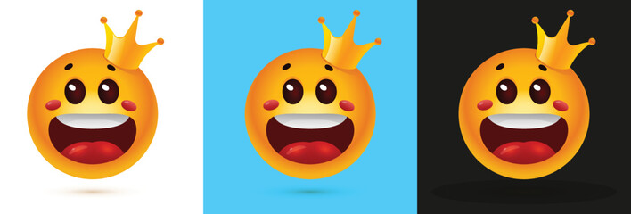 Obraz premium A surprising face emoji with smiling eyes and rosy cheeks and crown on his head in multiple colors backgrounds - emotion showing surprise with smile on face, vector illustration.
