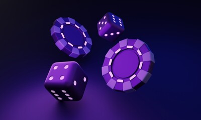 Purple chips and dices flying on dark background. Online casinos and mobile gambling concept. 3d render 3d rendering illustration.