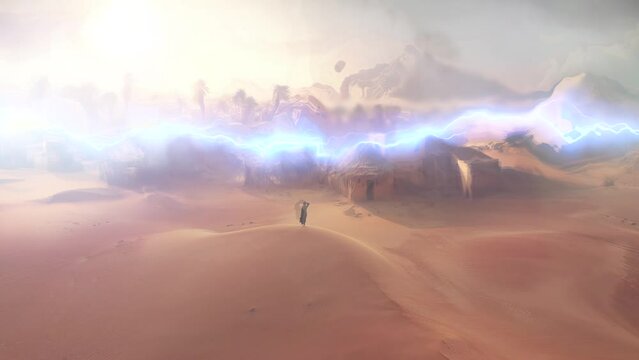 Visualisation of time warping concept video in the desert. Arabic woman in traditional Arab dress.
