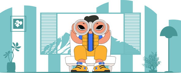 HR theme. Young man using binoculars.