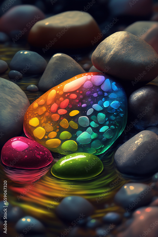 Wall mural Rainbow gemstone, Beautiful transparent stone in a mountain stream, closeup, wallpaper, background