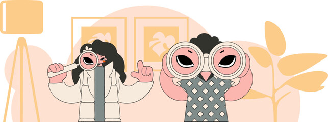 Attractive group of HR people using binoculars and magnifier. Company search for first-class employees.