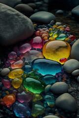 Fototapeta na wymiar Rainbow gemstone, Beautiful transparent stone in a mountain stream, closeup, wallpaper, background