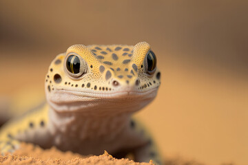Sand gecko stenodactylus petrii basking in the sand in close up. Generative AI - obrazy, fototapety, plakaty