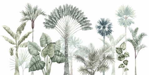 Beautiful stock clip art illustration with watercolor hand drawn tropical palm trees.