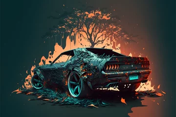 Tuinposter Auto burning car in the night