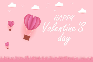 Naklejka premium illustration of love and valentine day with heart baloon,floating in cloud Paper cut style. Vector