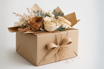 empty handmade paper gift box wrapped with beige canvas ribbon, white background. Generative AI