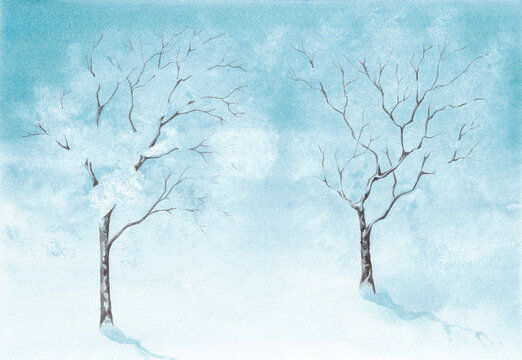Art Nature winter landscape with two snowy trees. Watercolor painting banner template on textured paper.