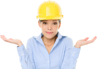 Engineer, entrepreneur or architect woman shrugging lifting shoulders in doubt about decision. Young female mixed race Caucasian / Asian professional shrug wearing yellow hard hat isolated.