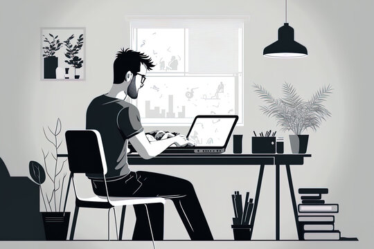 A Cartoon Figure Representing A Man Working From Home At A Desk With A Laptop In The Home Office Modern Idea Digital Illustration. Innovative Web Page Header. Generative AI