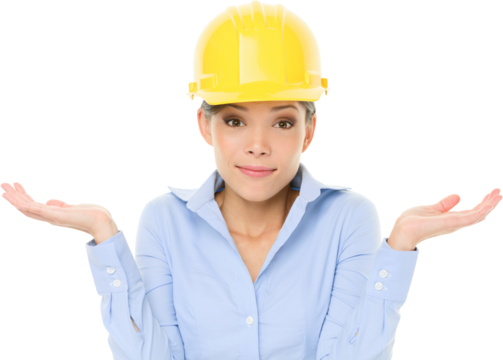 Engineer, entrepreneur or architect woman shrugging lifting shoulders in doubt about decision. Young female mixed race Caucasian / Asian professional shrug wearing yellow hard hat isolated.