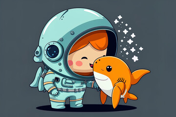 Cartoon symbol of a charming astronaut holding a cute shark. science related animal symbol idea, isolated. cartoonishly flat. Generative AI