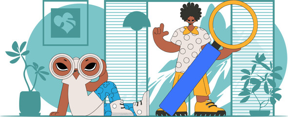 Good for job postings and flyers. Young group of HR people using binoculars and magnifying glass.