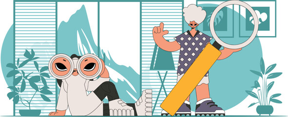 Good for job postings and flyers. Attractive HR team using binoculars and magnifier.