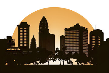 San Jose, California, skyline with the main structure in silhouette, as seen in a tourist and business image. Generative AI