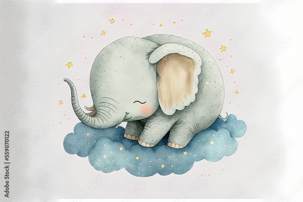 Canvas Prints Cute watercolor hand drawn artwork of an elephant sleeping on a cloud on a white, isolated backdrop. Generative AI