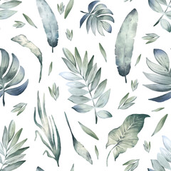 Watercolor hand drawn seamless pattern, colorful illustration of tropical palm leaves. Exotic green leaves, branches isolated on white background. Floral jungle tree botanical elements for design.