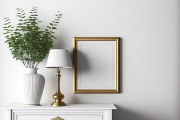 Vertical wooden frame mockup of traditional living room interior on white wall background with traditional chest of drawers, brass lamp, and olive twigs in vase. Illustration,. Generative AI