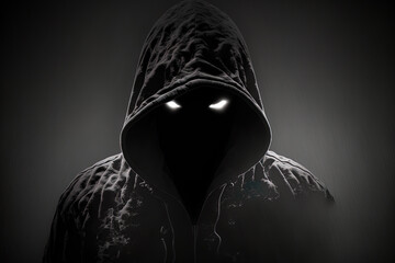 ghost hacker criminal scary hood anonymous creepy devil danger silhouette shadow black face fear horror night character symbol identity hooligan unknow happy halloween cyber copy space . Generative AI - obrazy, fototapety, plakaty