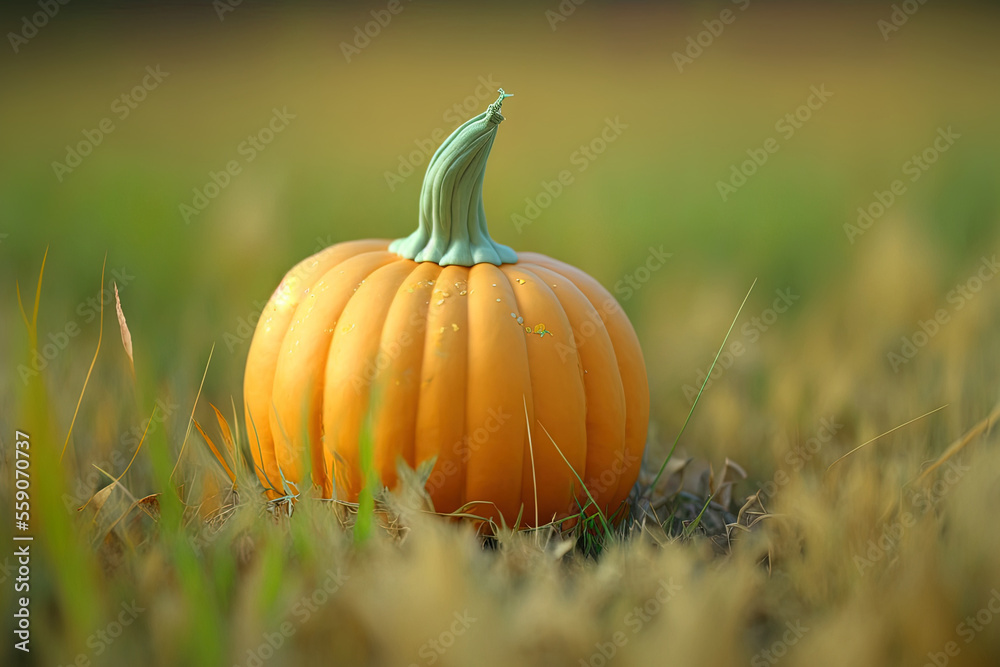 Canvas Prints Ginger pumpkin that is ripe and alone against a field of mowed but unfocused grass. a pumpkin themed autumnal design. excellent photograph. Generative AI