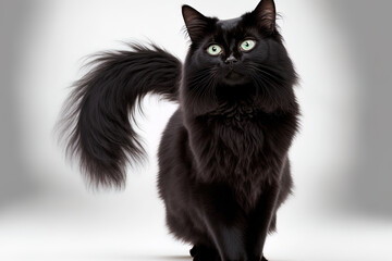 An attractive young adult solid black Balinese or Oriental Longhair cat is standing or stretching to the side. captivating emerald eyes gazing forward. Generative AI - obrazy, fototapety, plakaty