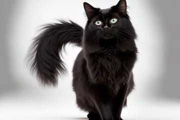 Fotobehang An attractive young adult solid black Balinese or Oriental Longhair cat is standing or stretching to the side. captivating emerald eyes gazing forward. Generative AI © 2rogan