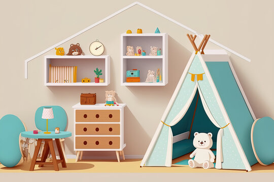 Interior of a child's room with white furnishings, a sports tent, and bright toys. Generative AI