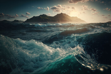 Fototapeta na wymiar Gorgeous seascape with big waves and mountain on background. AI