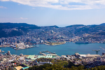 Naklejka na ściany i meble Nagasaki cityscapes skyline over the bay from above. 