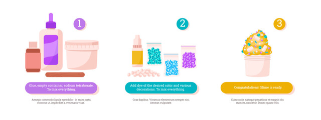 Slime toy making process infographic, flat vector illustration isolated on white background.