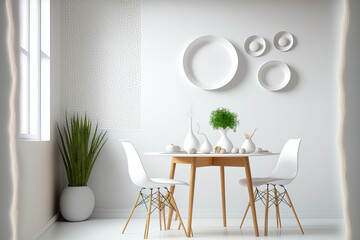 a dining room in white with a table, chairs, and accessories. mockup for an illustration. Generative AI - obrazy, fototapety, plakaty