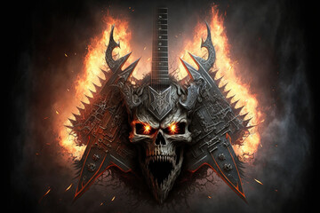 Heavy metal guitar and skull. AI - obrazy, fototapety, plakaty