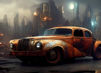 Fototapeta premium Generative AI illustration of a rusty old vintage steampunk car. Against the background of a gloomy fantastic ruined city.