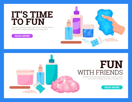 Colorful banners or flyers with polymer slimes vibrant flat vector illustration.
