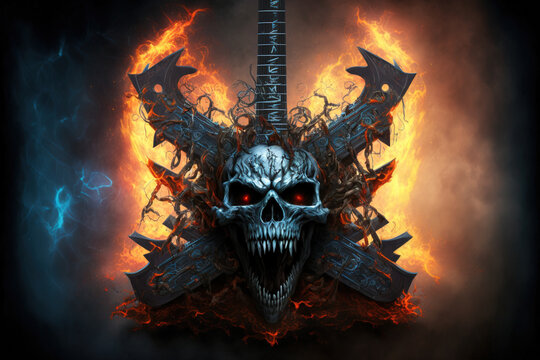 Heavy metal guitar and skull. AI