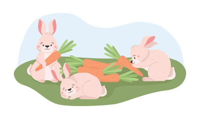 Cute bunnies eating carrot on the grass, cartoon flat vector illustration isolated on white background.