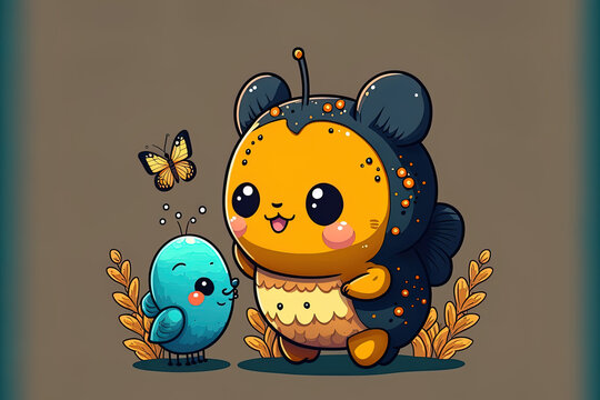 Cute small axoloti animal picture with a butterfly, background illustration. Generative AI