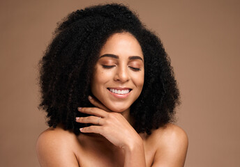 Hair, afro and face of black woman with skincare glow, natural cosmetics and clean shampoo hair...