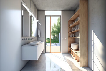 Fototapeta na wymiar White and beige walls, a shower area, a sink with a mirror, a shelf, and a grey concrete floor characterize this contemporary bathroom. Generative AI