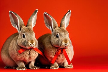 Rabbit with ribbon on isolated red background,