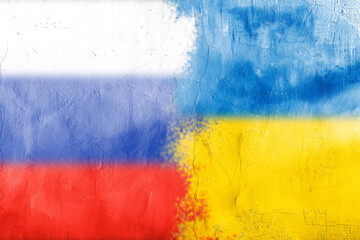 russian and ukranian flags painted on the wall, grunge texture