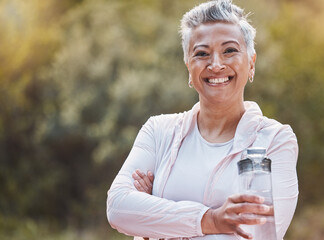 Portrait, senior woman and nature exercise with a water bottle while outdoor for fitness and a healthy lifestyle. Happy black female at the park for a cardio workout, health and wellness in summer - obrazy, fototapety, plakaty