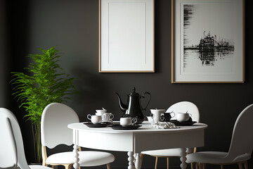 Elegant dining room interior with black seats, a teapot and mug, mock up paintings on the wall, and other contemporary home decor accents. Template. Generative AI