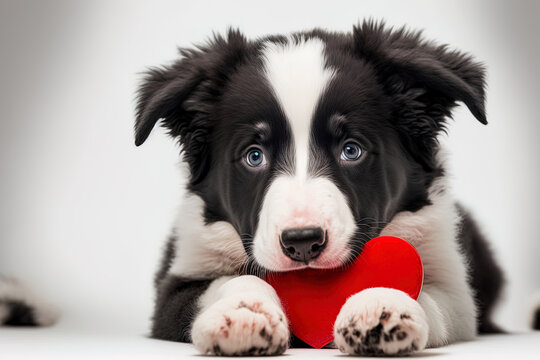 Concept for Saint Valentine's Day. Border Collie puppy clutching red heart on nose in humorous photo on white backdrop. On Valentine's Day, a kind dog presents a gift. Generative AI