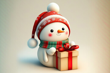 Merry Christmas background with a lovely tiny snowman wearing a bright outfit. Generative AI