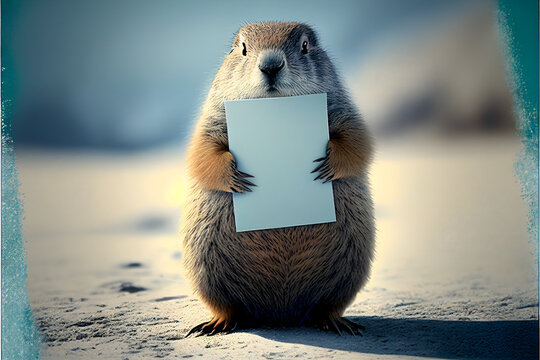 Groundhog Day, groundhog holding a mock up card, groundhog holding a blank white card 